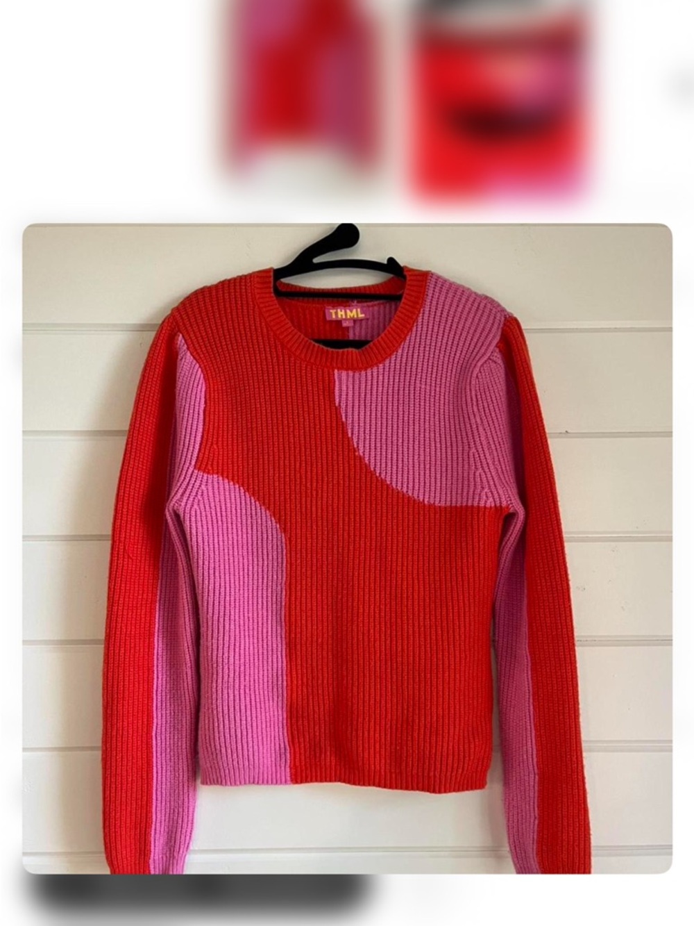 THML Red & Pink Ribbed Colorblock Crewneck Sweater